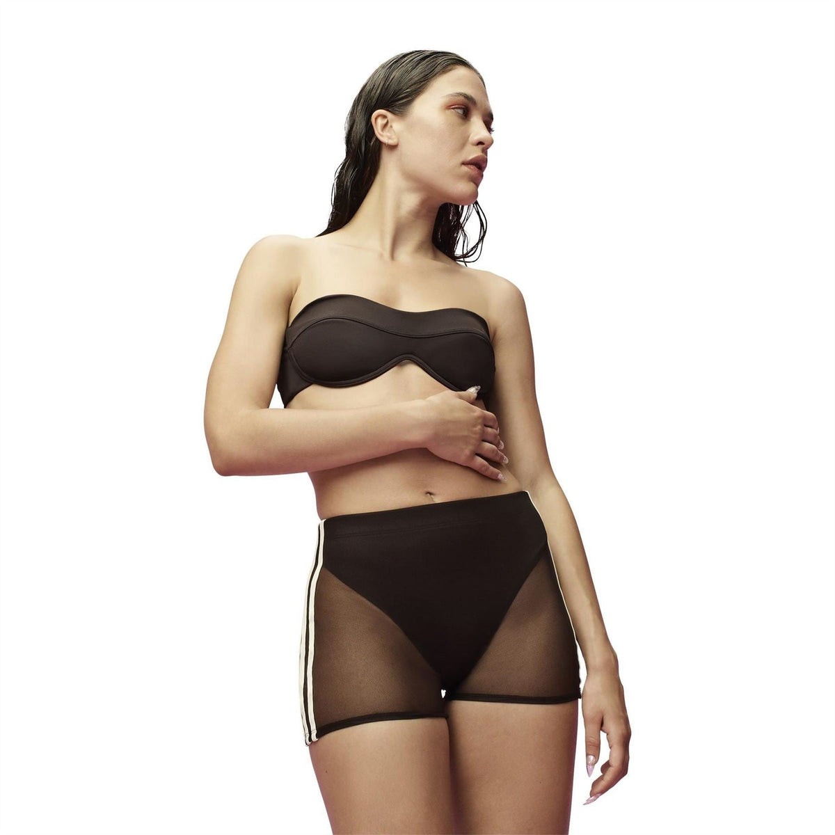 Brown illusion swim top with structured bust band and sheer midriff mesh