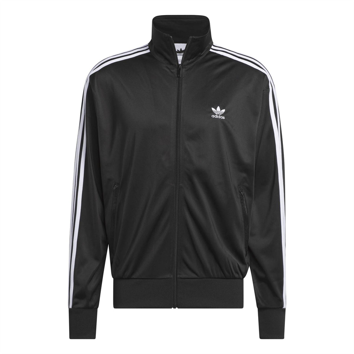 Men's black adidas track jacket with full zip and white triple stripe sleeves