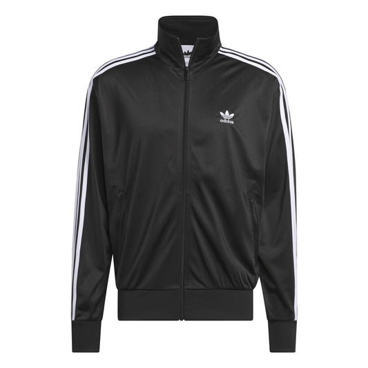 Men's black adidas track jacket with full zip and white triple stripe sleeves