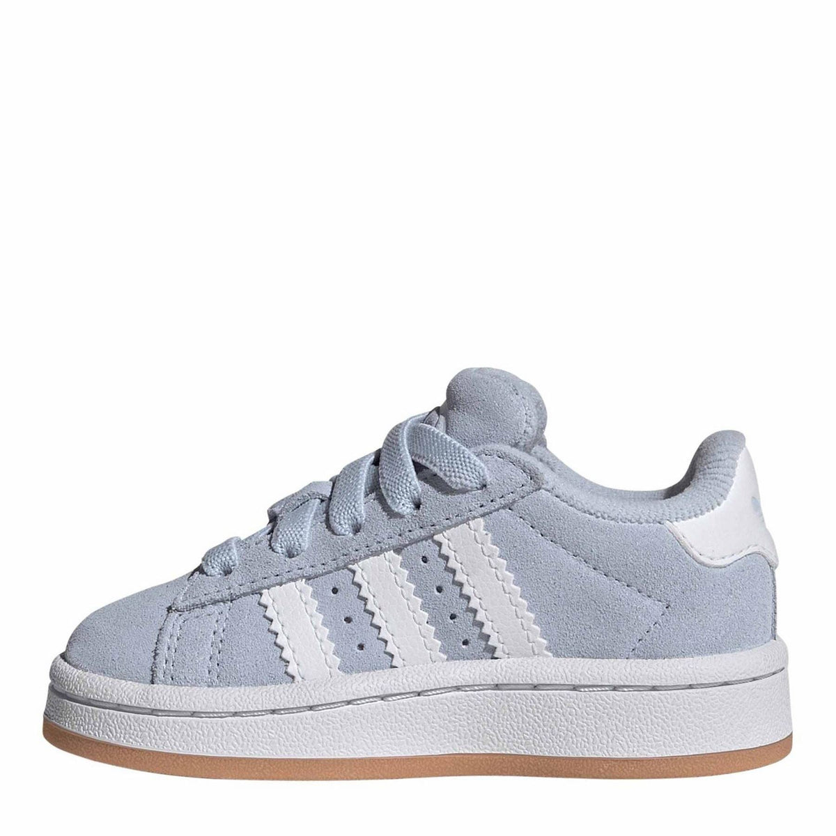 Infants’ light blue low-top sneakers, side view with lace-up and white logo stripes