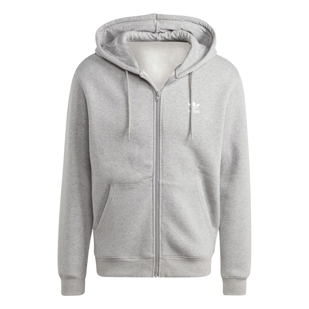 Grey full-zip hoodie front view with kangaroo pocket, hood drawstrings, and adidas logo.