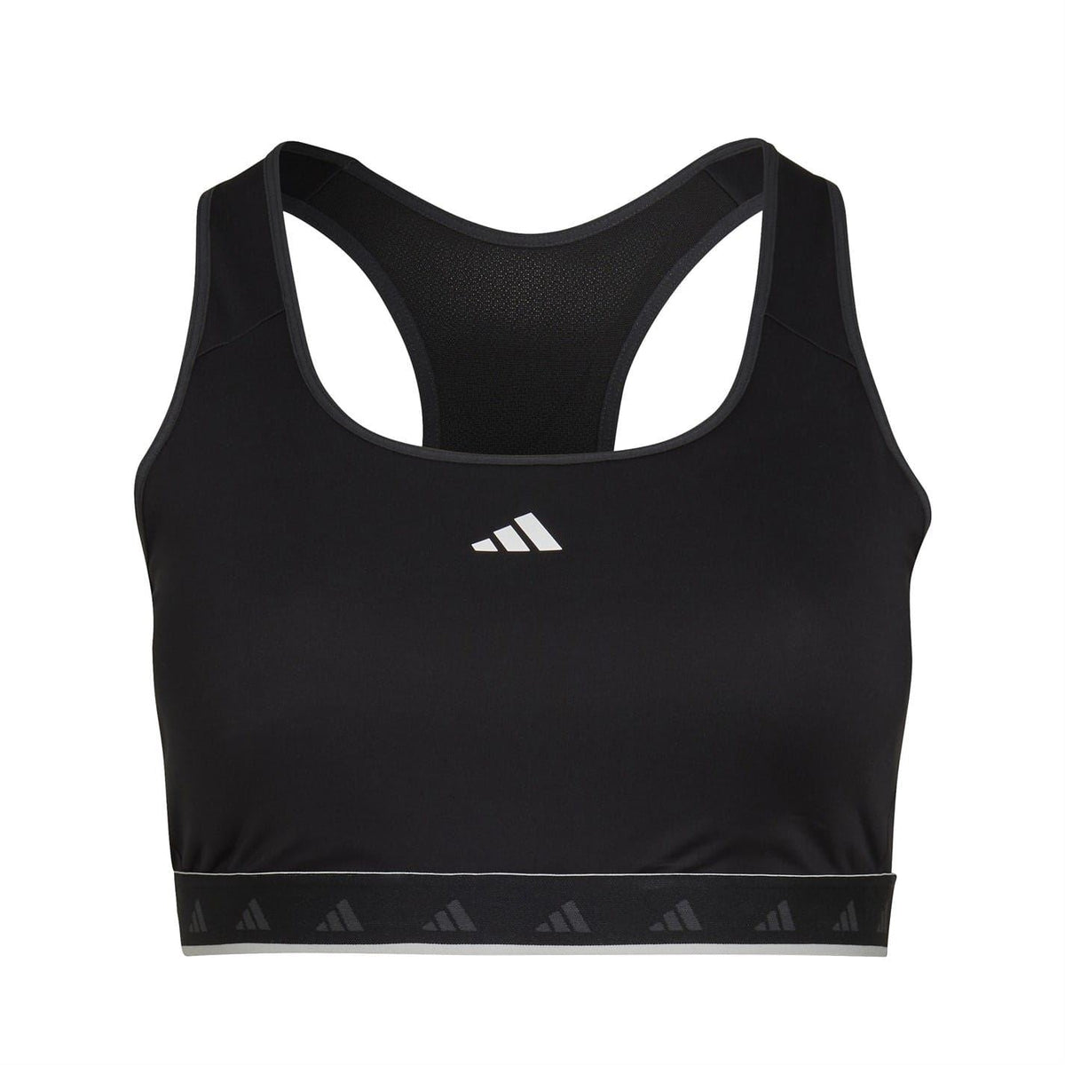 Black scoop-neck sleeveless bra top with Adidas logo and elastic hem