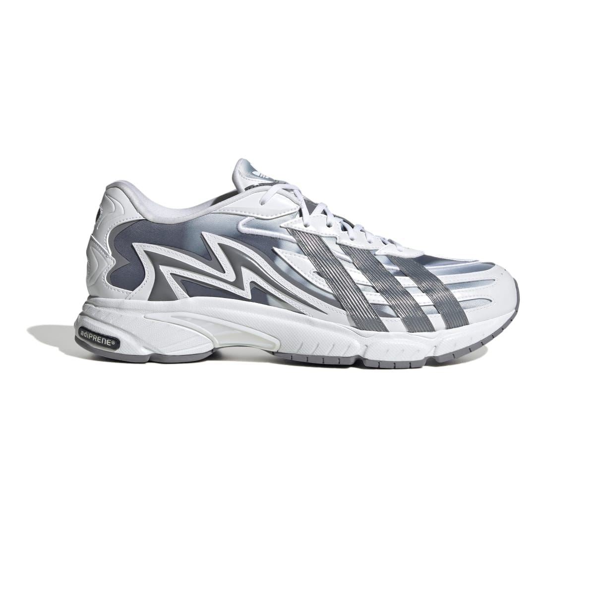 White and grey lace-up running sneakers with bold side graphics and 3 stripes