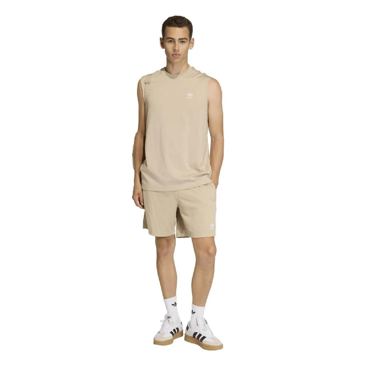 adidas stone khaki shorts, elastic waist and trefoil logo, knee-length