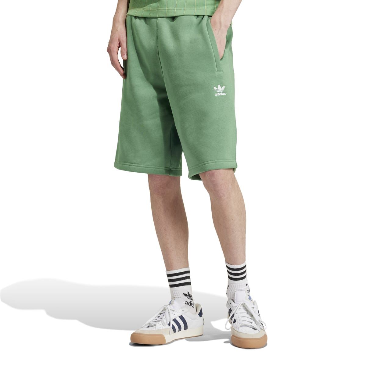 Green adidas trefoil shorts from front with elastic waist and logo on thigh