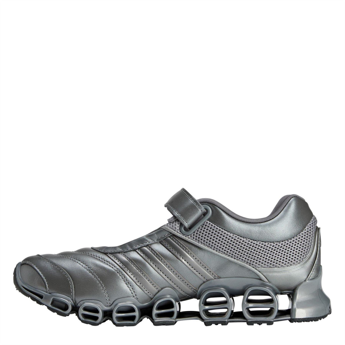 Gray adidas Originals Megaride Taqw sneaker, side view with strap and cage sole