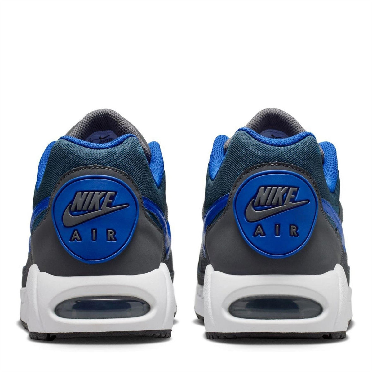 Dark grey and blue Nike Air Max trainers, rear view with Air emblem and air sole