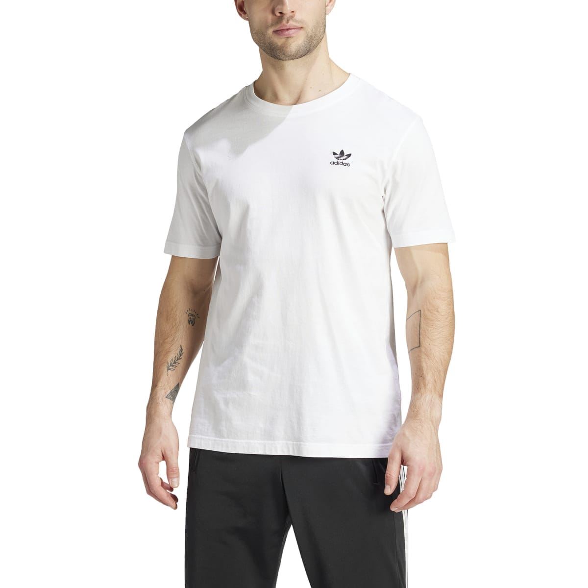 White crew-neck T-shirt with adidas logo on left chest, short sleeves