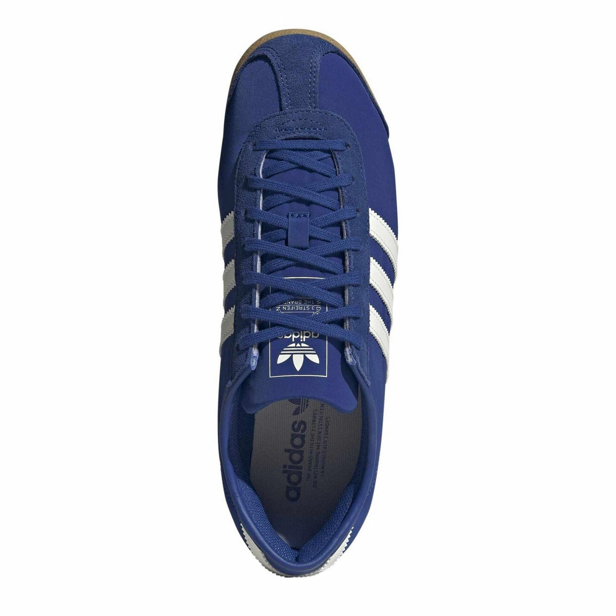 Royal blue lace-up low-top trainers with white stripes and visible adidas branding