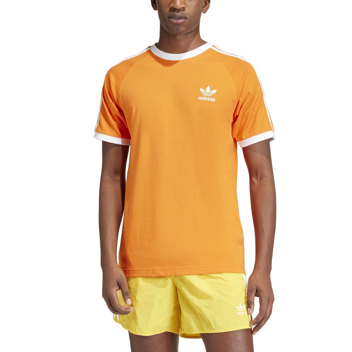 Orange adidas Originals Adicolor T-shirt with white collar, 3-stripe sleeves, chest logo