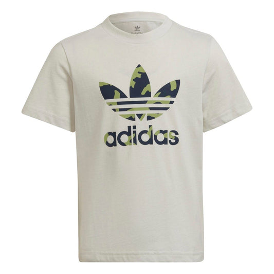 Cream junior crew-neck T-shirt with camo adidas graphic print on the front