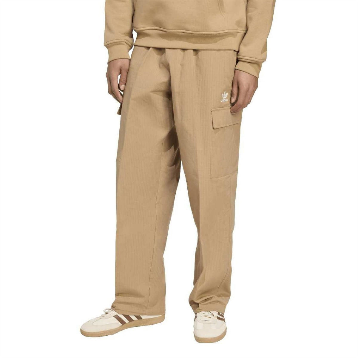 adidas Originals cargo pants, tan; tapered leg, elastic waistband, cargo flap pockets