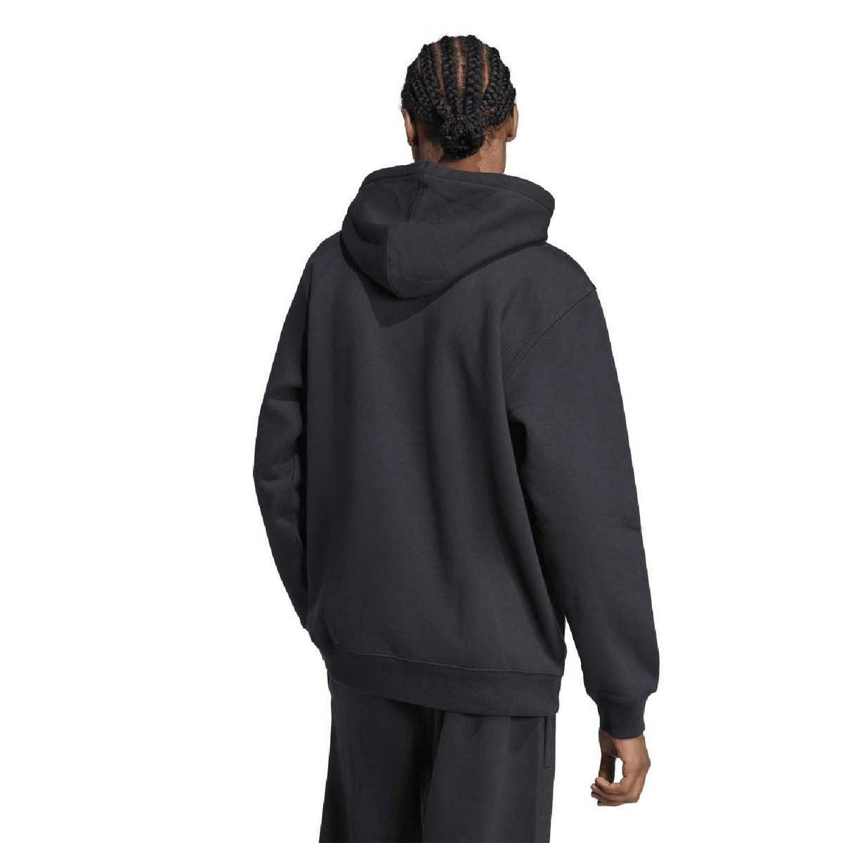 Black adidas Trefoil loose hoodie, back view, hood and kangaroo pocket