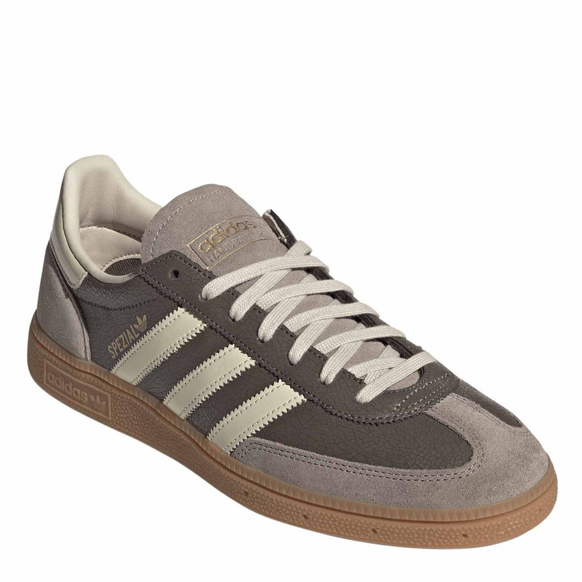 adidas Spezial trainers angled view in dusty gray suede with off-white stripes