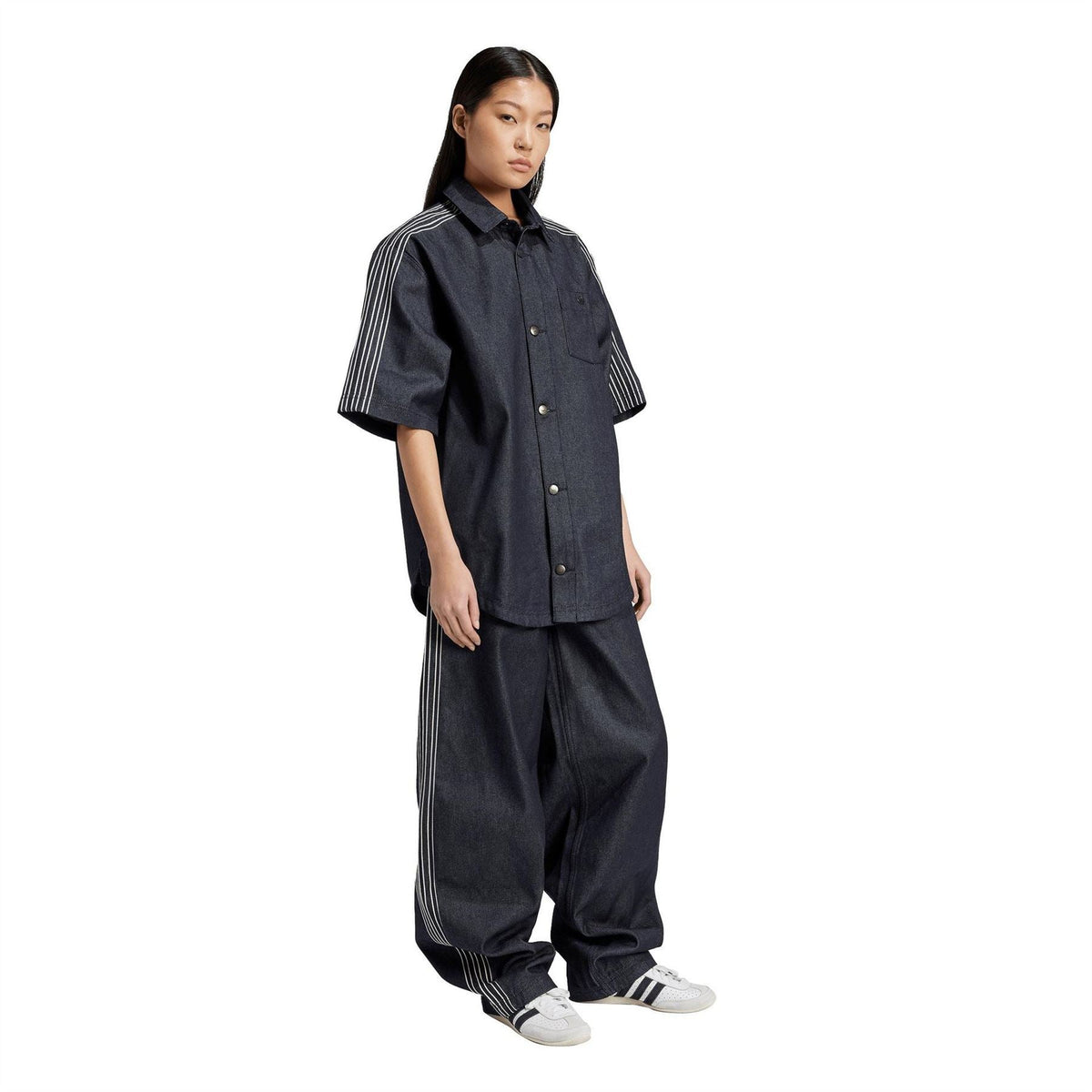 adidas indigo wide-leg jeans with side stripes and relaxed baggy silhouette
