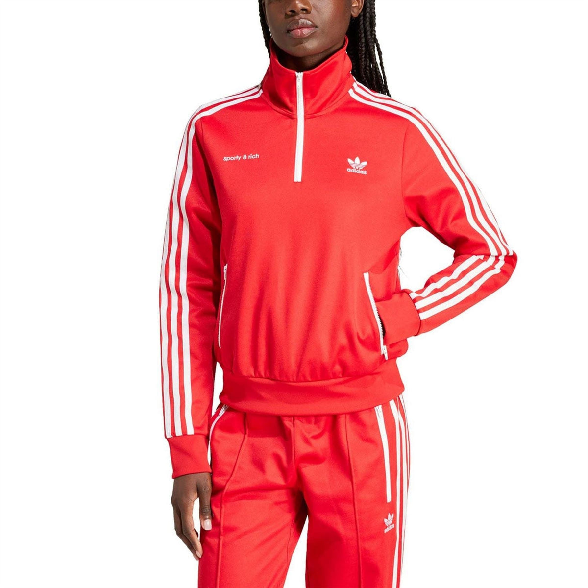 Red adidas track top with hood and quarter-zip, white side stripes