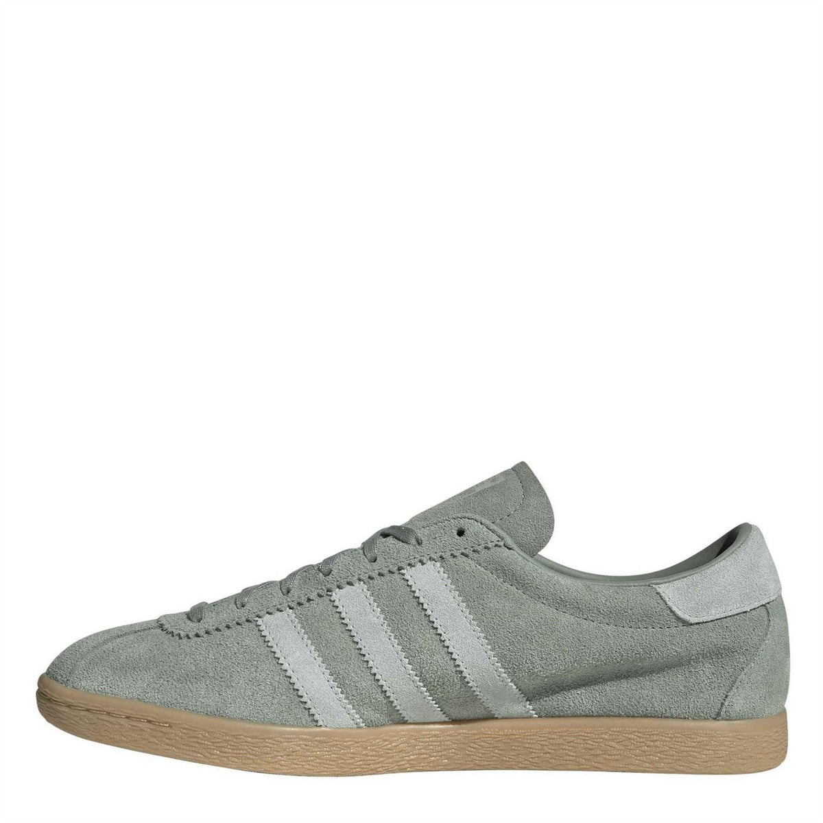 adidas Originals low-top sneakers, light green suede with white stripes and tan gum outsole