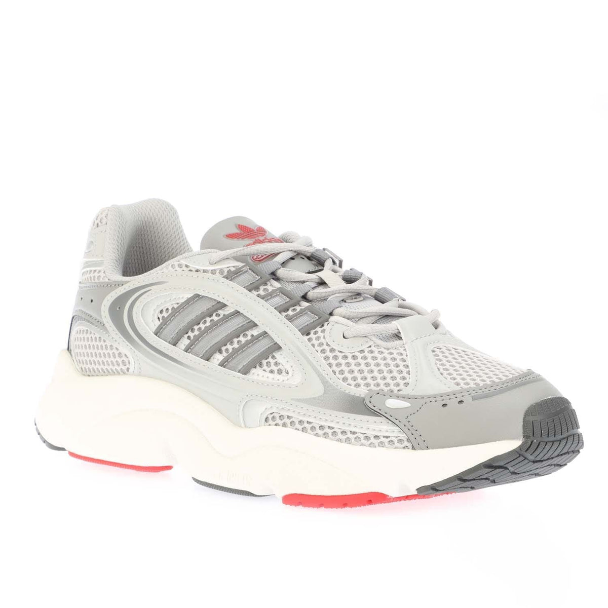 Grey Adidas Originals Ozmillen sneakers with thick white sole and mesh side panels