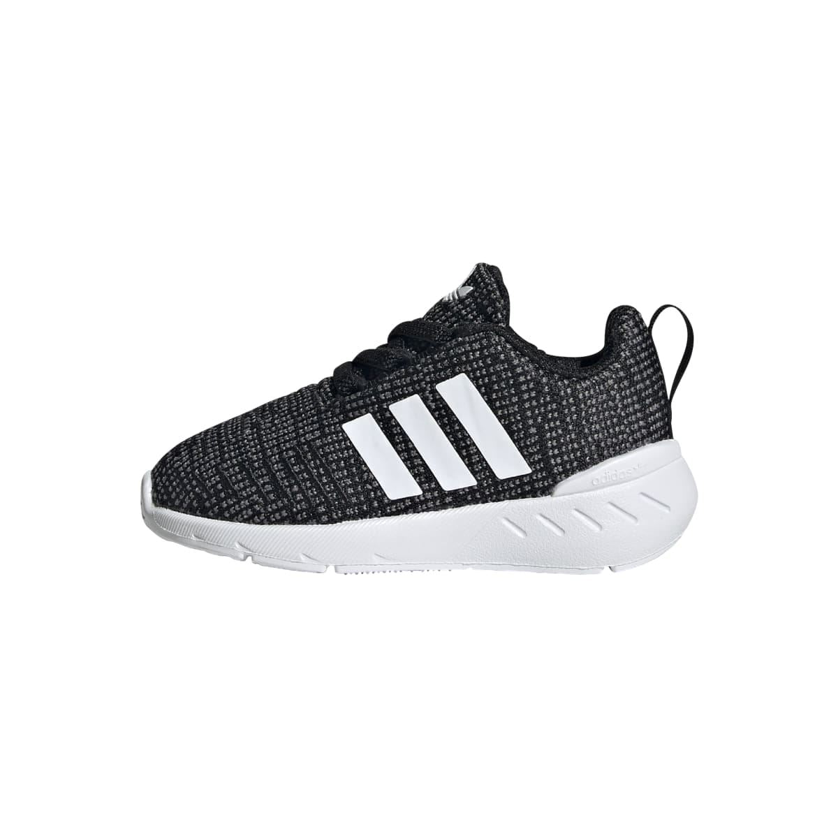 Infant black knit trainers with white adidas-style stripes and white cushioned sole