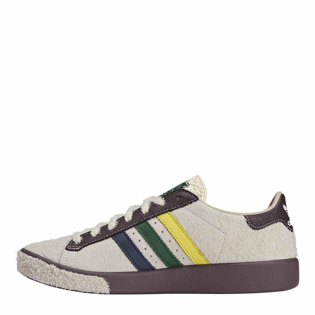 Low-top canvas sneaker pair with side stripes in yellow, green, and blue on white