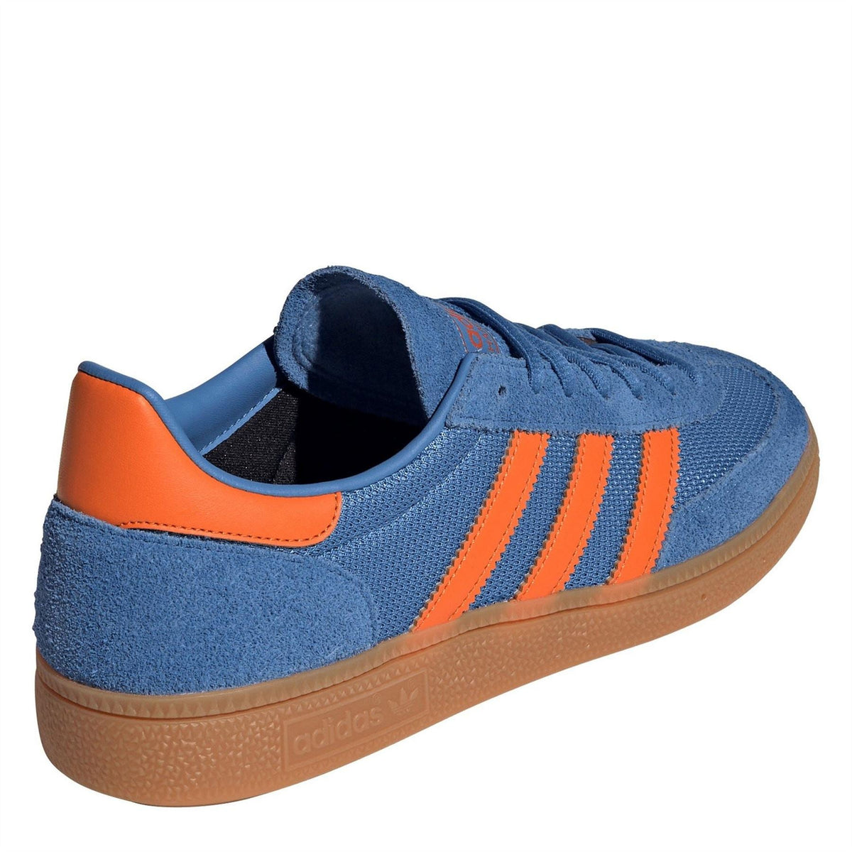 Blue Adidas sneakers with orange heel trim and three stripes, lace-up, gum sole