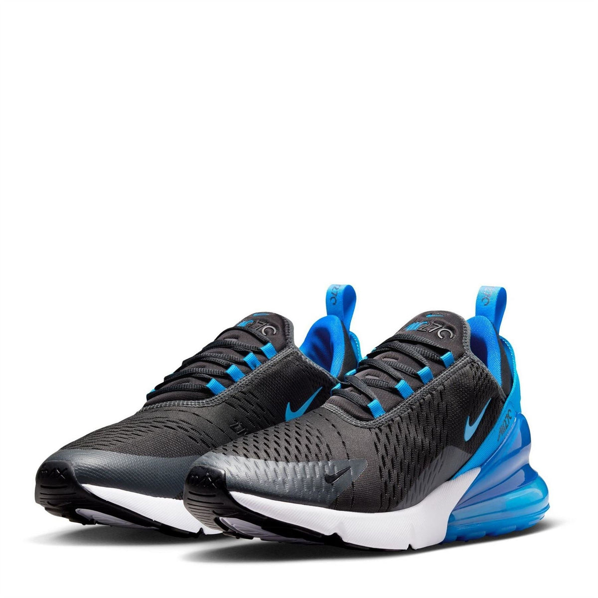 Nike Air Max 270 trainers, black and blue side view with tinted air window