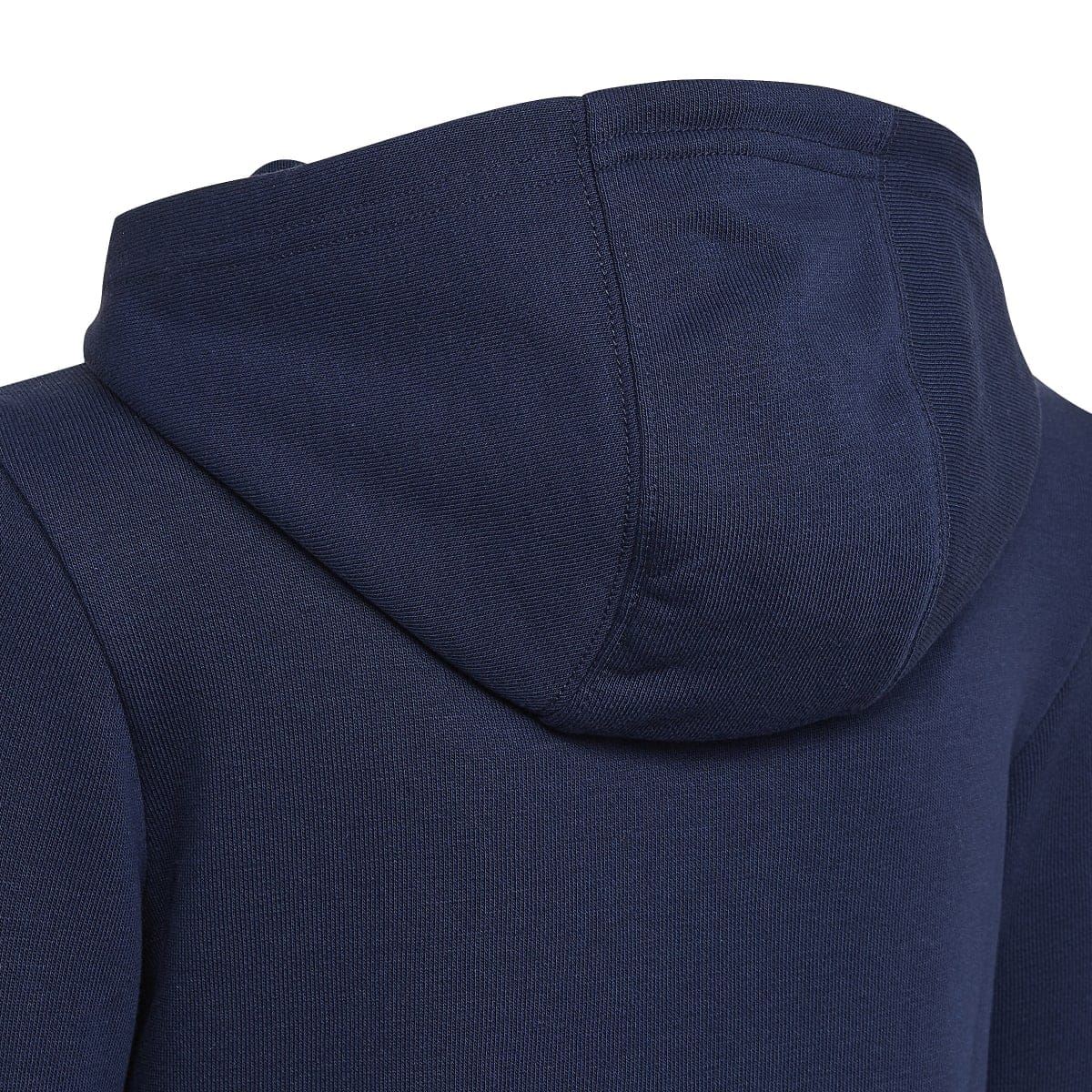 Kids navy adidas hoodie close-up of hood and seam details