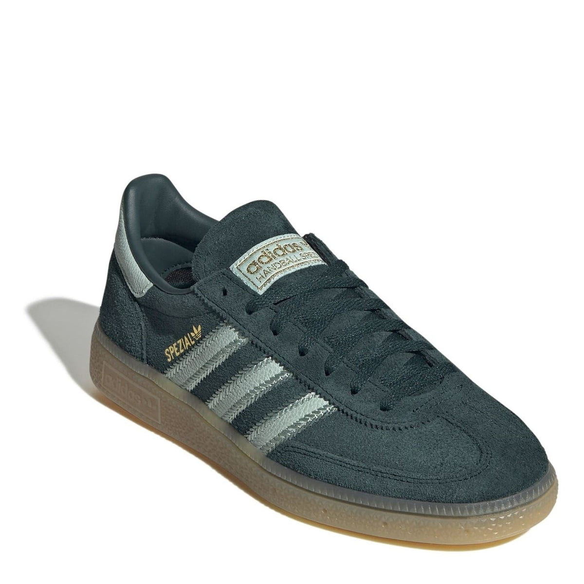 Women’s suede low-top sneakers, dark green with silver stripes and Spezial tongue patch