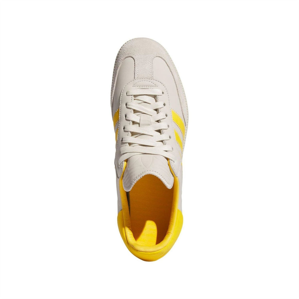 Off-white front view low-top trainers with yellow heel lining, white lace-up