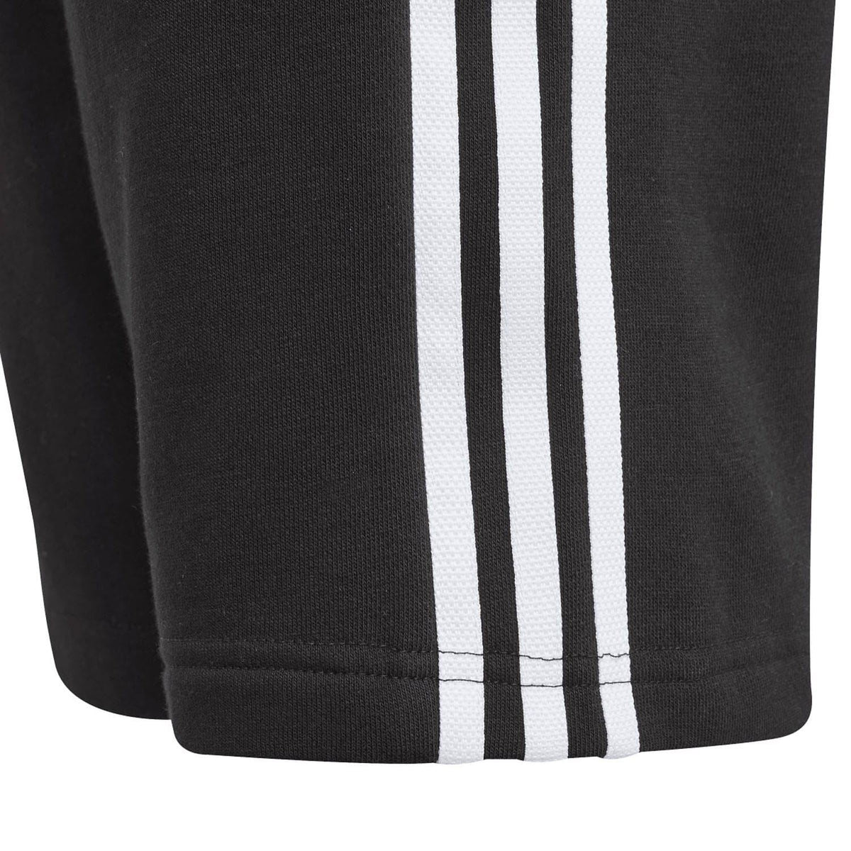 Black shorts hem with two white side stripes and stitched cuff