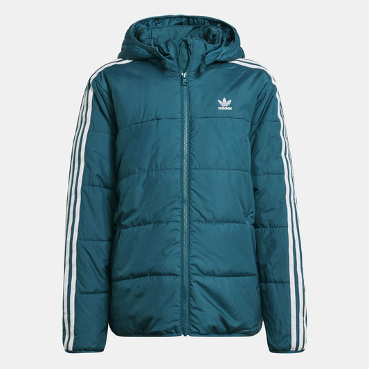 Kids adidas padded hooded jacket in teal with full zip and white side stripes