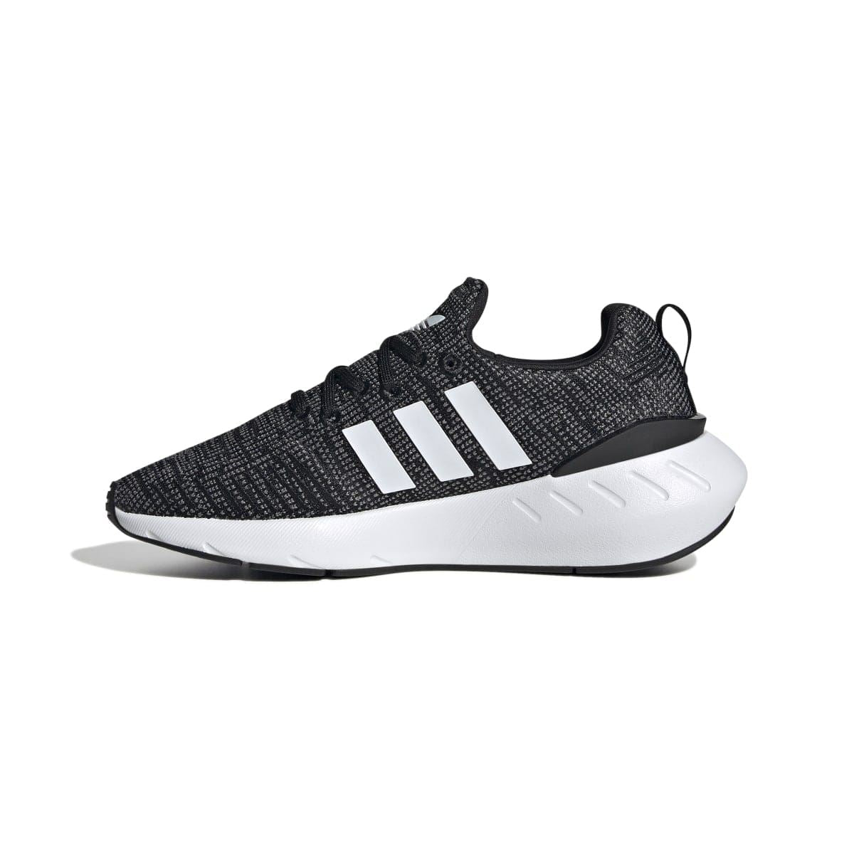 Junior adidas Swift Run 22 trainers, black knit upper, white 3-Stripes, thick white midsole.