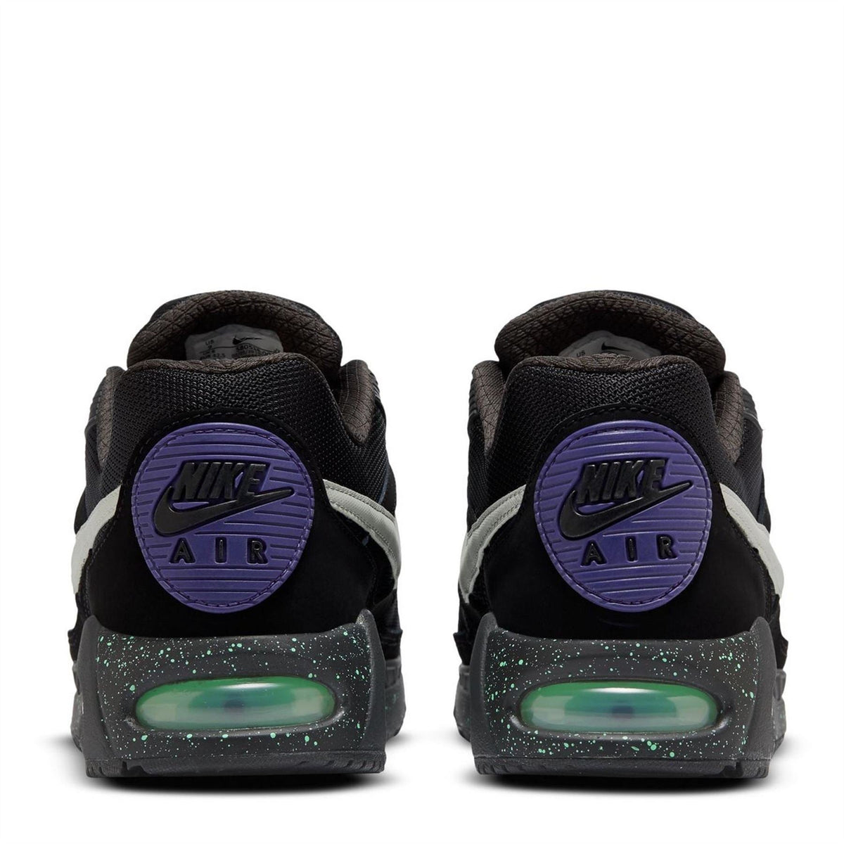 Black Nike Air Max trainers with purple heel Air logo and green air unit