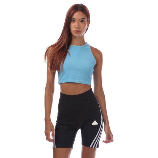 adidas Essentials+ blue crop tank top with sleeveless high neckline and small front logo