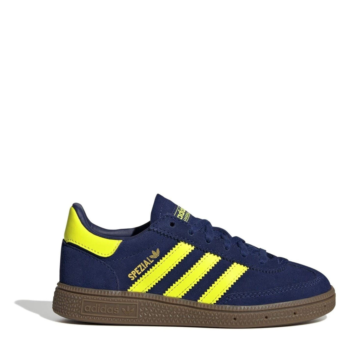 Kids' adidas Spezial sneakers in dark blue with neon yellow stripes and gum sole