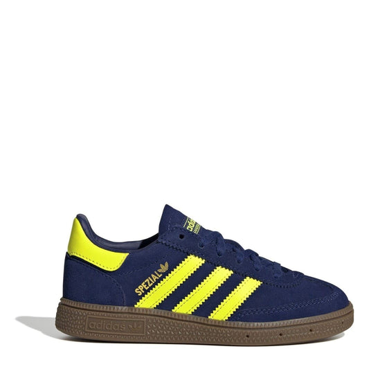 Kids' adidas Spezial sneakers in dark blue with neon yellow stripes and gum sole