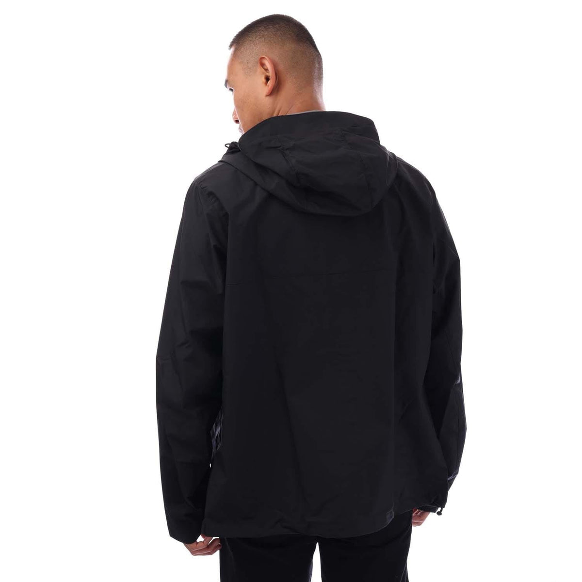 Black tech shell skateboarding jacket with adjustable hood, no front detail visible