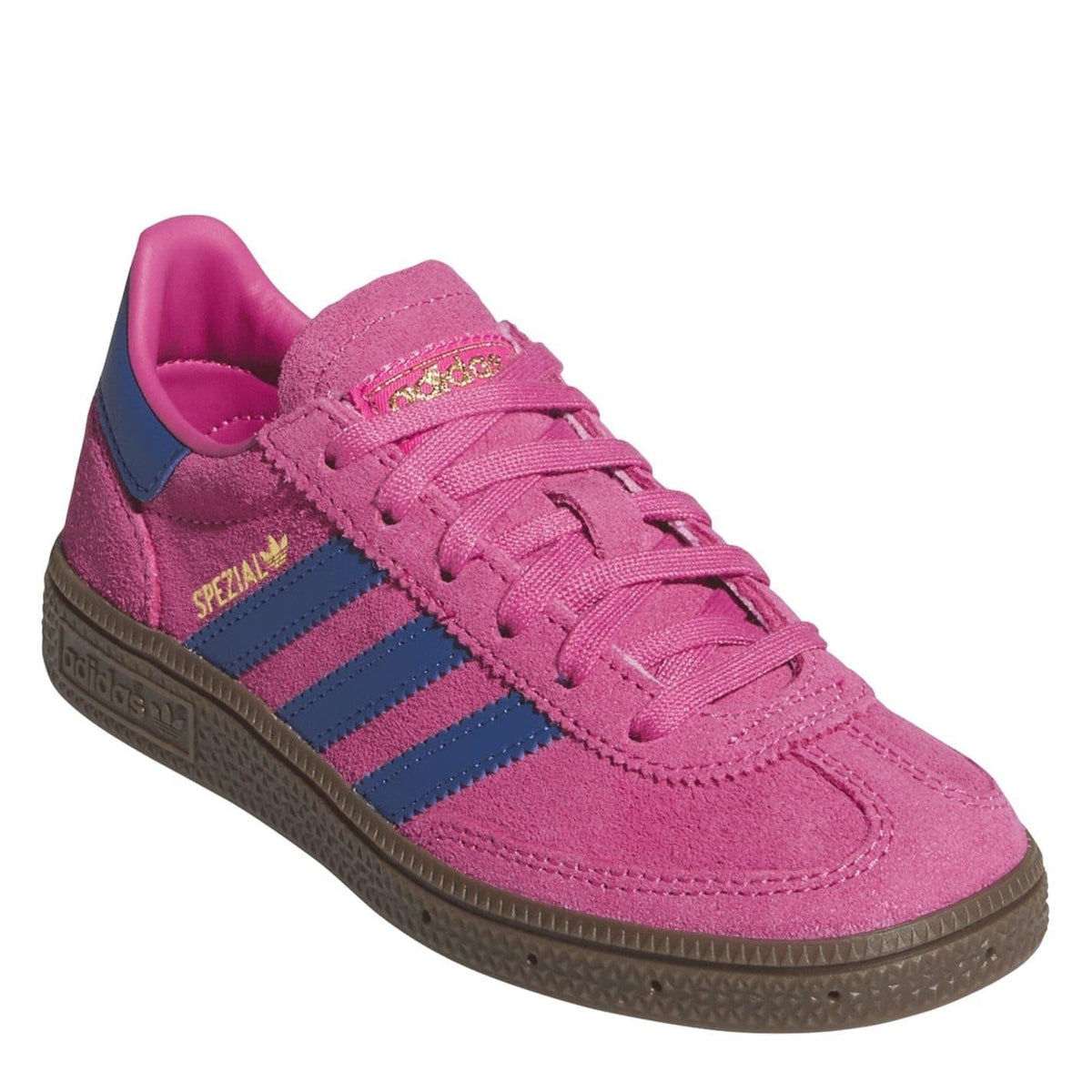Kids' adidas Spezial low-top sneakers, pink suede look with blue stripes and lace-up front
