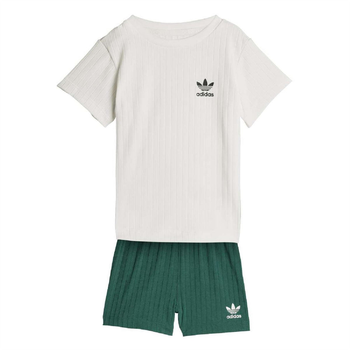 Kids' O-neck T-shirt and green ribbed shorts set, adidas logo on chest and leg