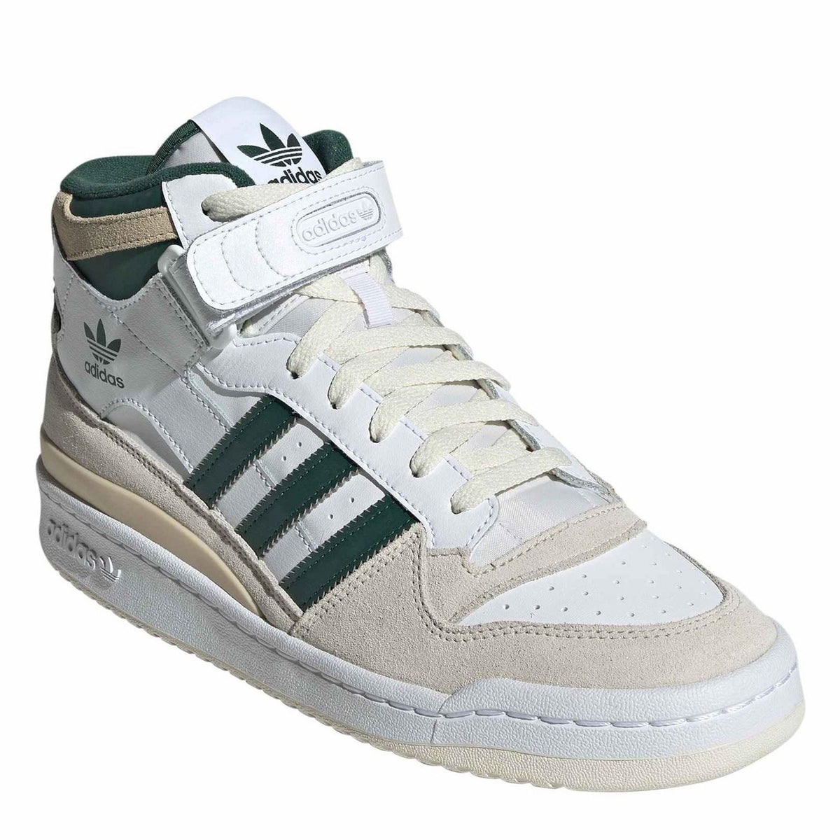 Mid-top sneakers with white uppers, green stripes, beige collar lining, hook-and-loop strap