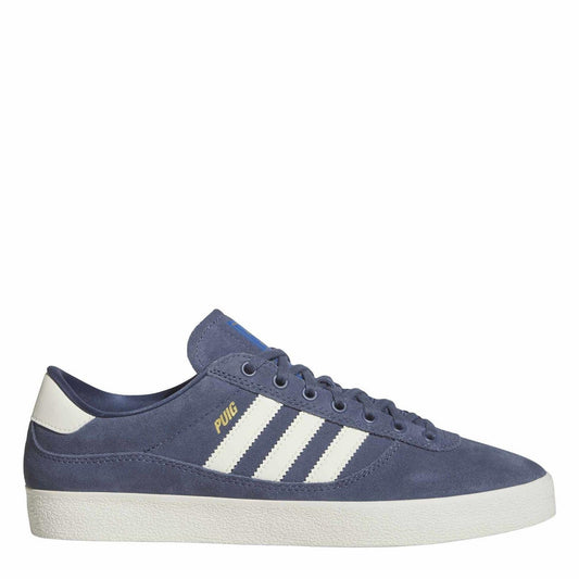 Navy suede lace-up indoor trainers with three white adidas stripes and PUIG detail