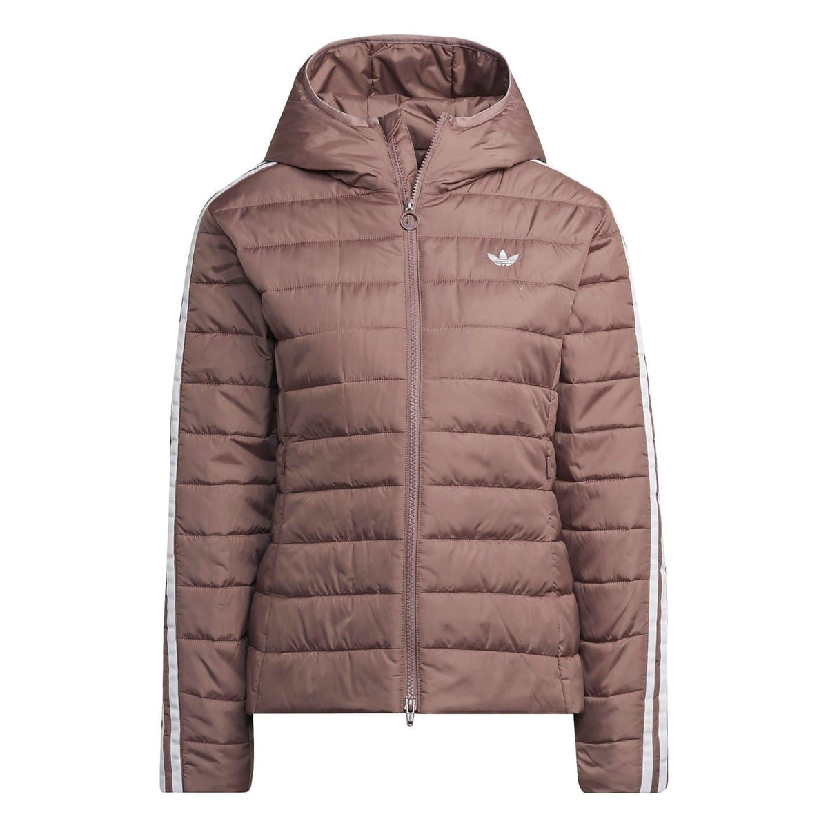 Hooded short slim-fit puffer jacket in burgundy with full-zip front