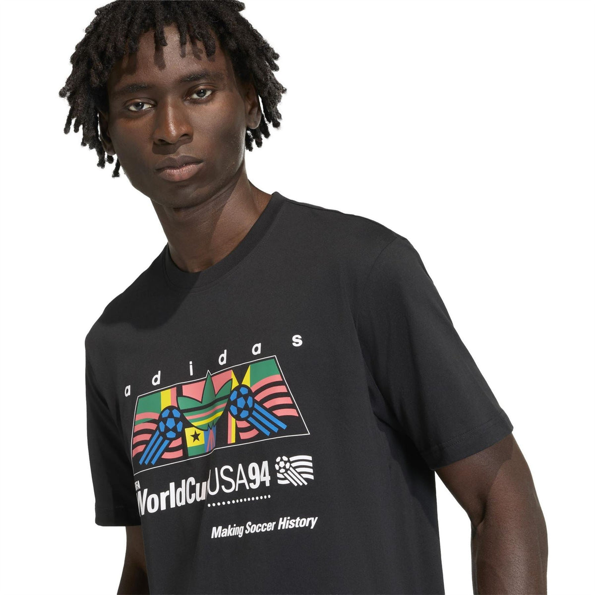 Black crew-neck T-shirt with WorldCupUSA94 adidas graphic and Making Soccer History