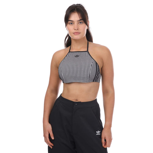 adidas Originals Gingham Top, casual checkered blouse with short sleeves and classic adidas logo, on a white background