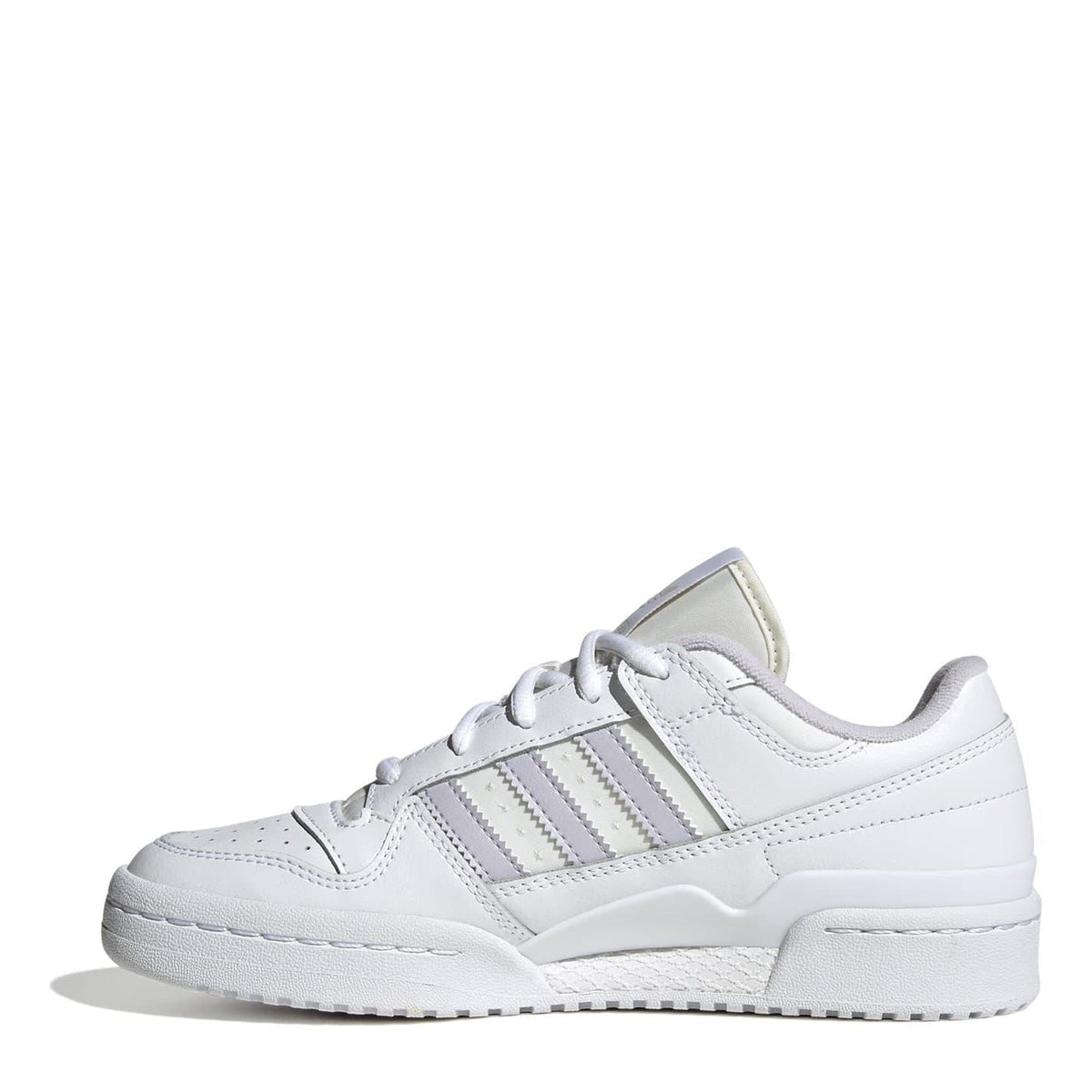 White low-top sneakers, side view with three stripes and cushioned midsole