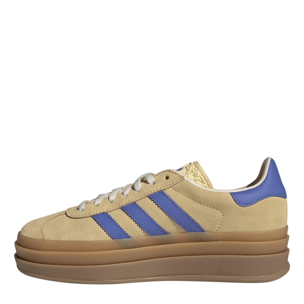 Beige Gazelle Bold low-top sneakers with blue three stripes and tan cupsole