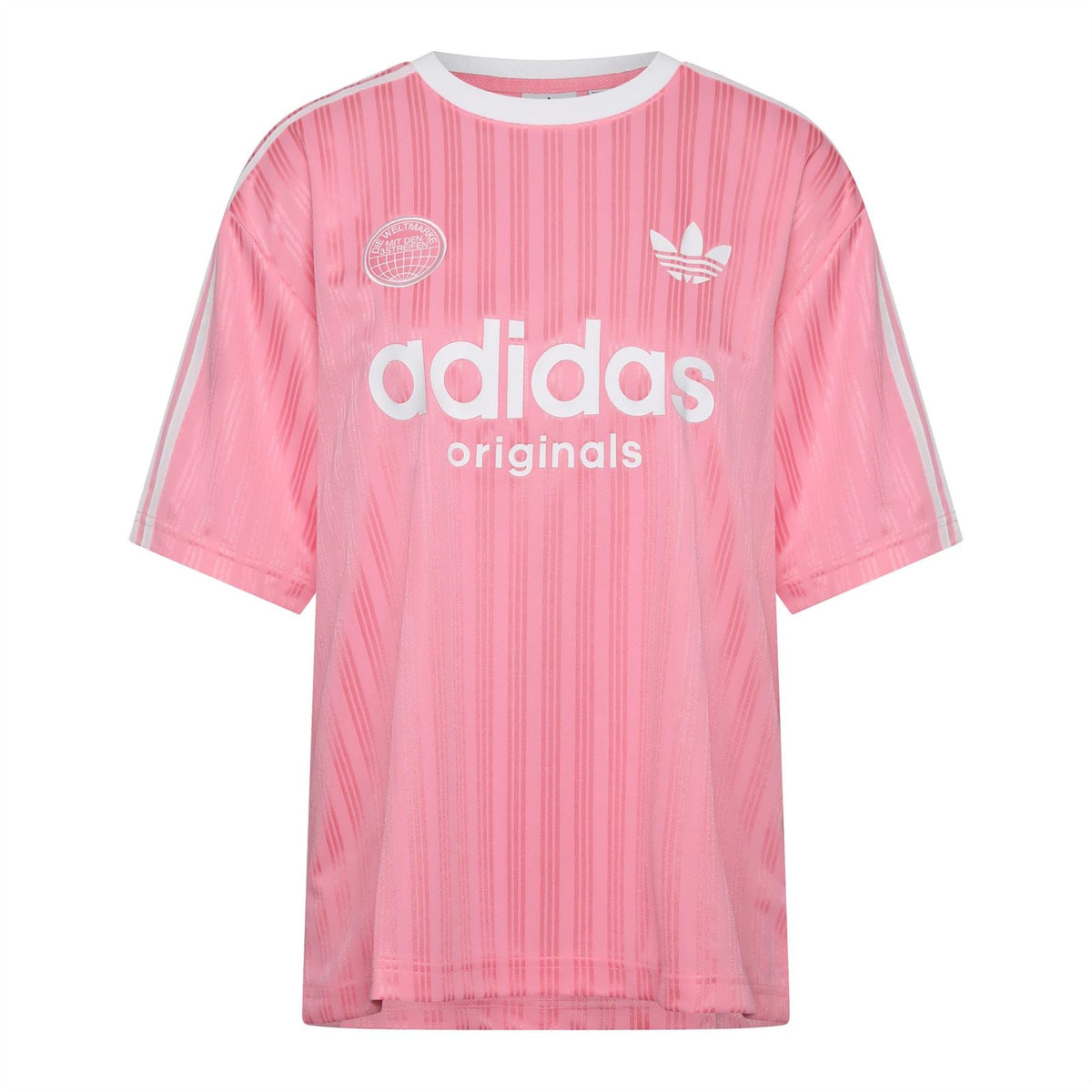 Pink oversized T-shirt with crew neck, short sleeves, adidas Originals logo front print.
