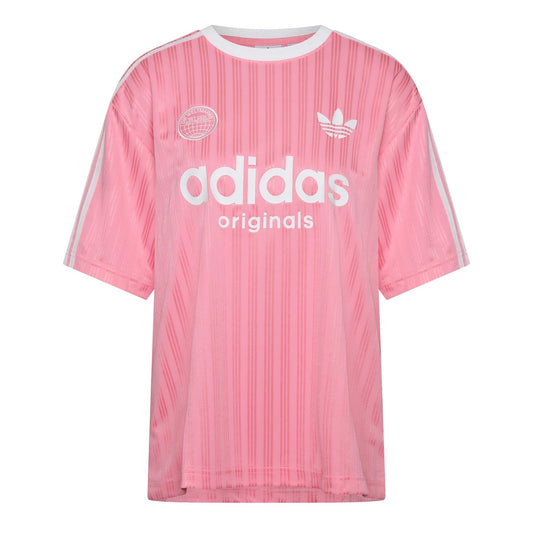 Pink oversized T-shirt with crew neck, short sleeves, adidas Originals logo front print.