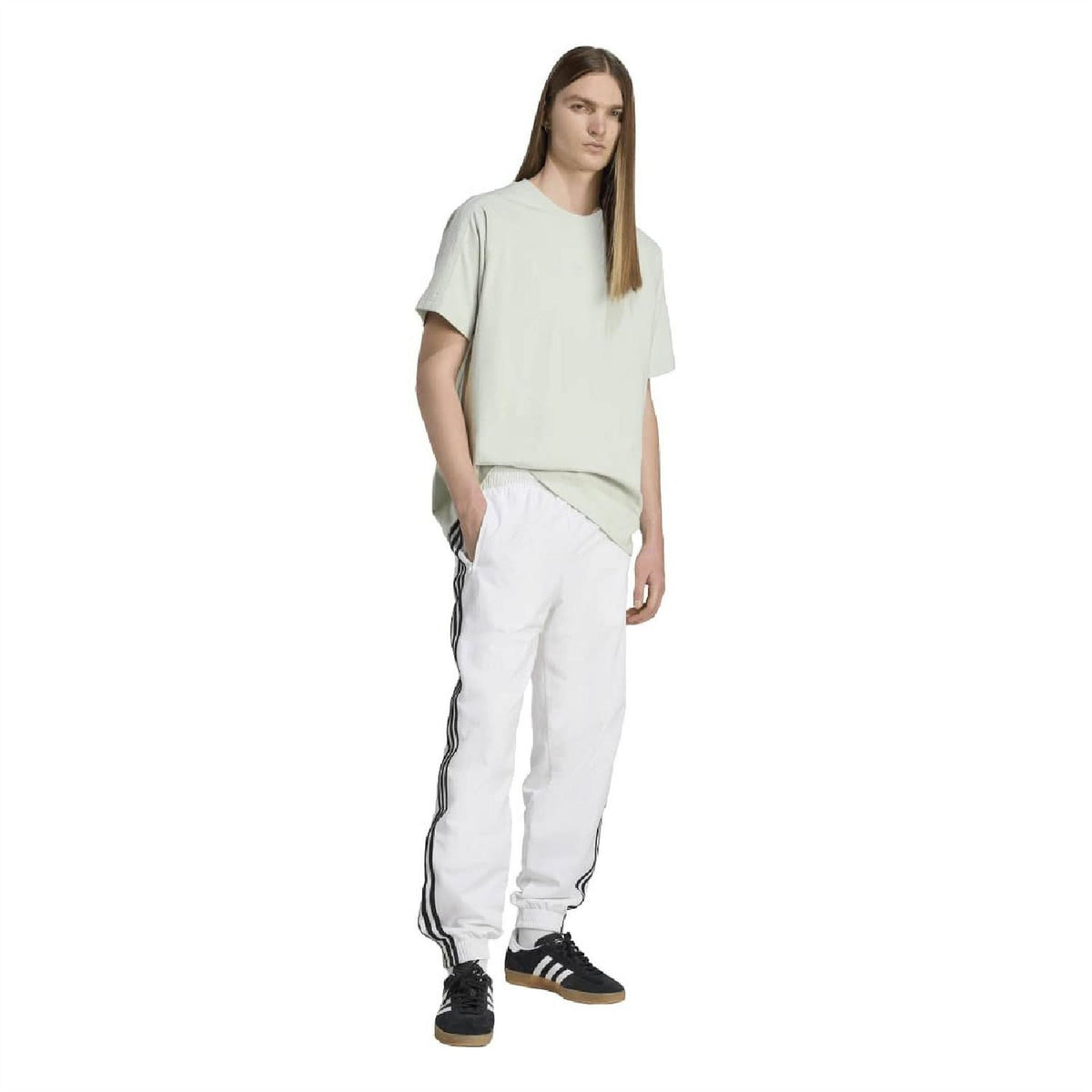 adidas Originals crew neck raglan jersey T-shirt, light green, worn with white pants