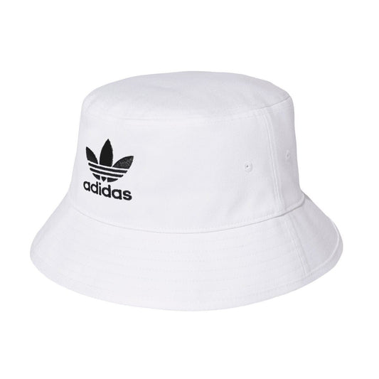 White adidas Originals trefoil bucket hat with black logo on front